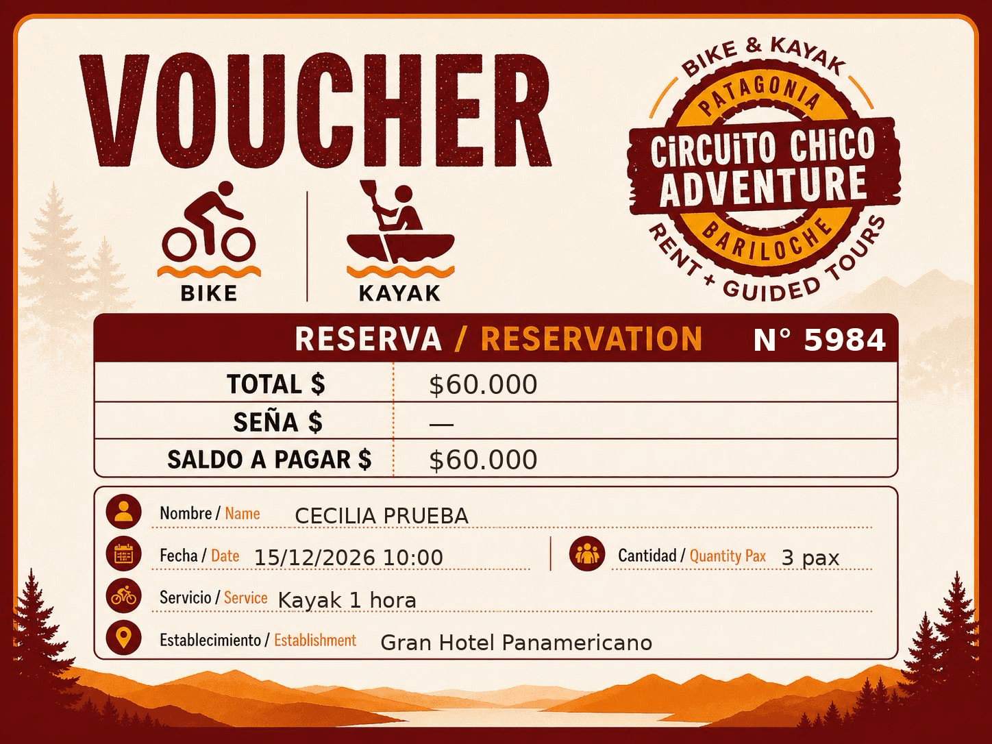 Voucher actual de Circuito Chico Adventure con cliente de prueba